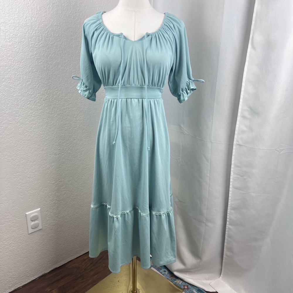 Vintage 70s Midi Dress Size 9 Blue ILGWU Union Made Prairie Cottagecore Boho